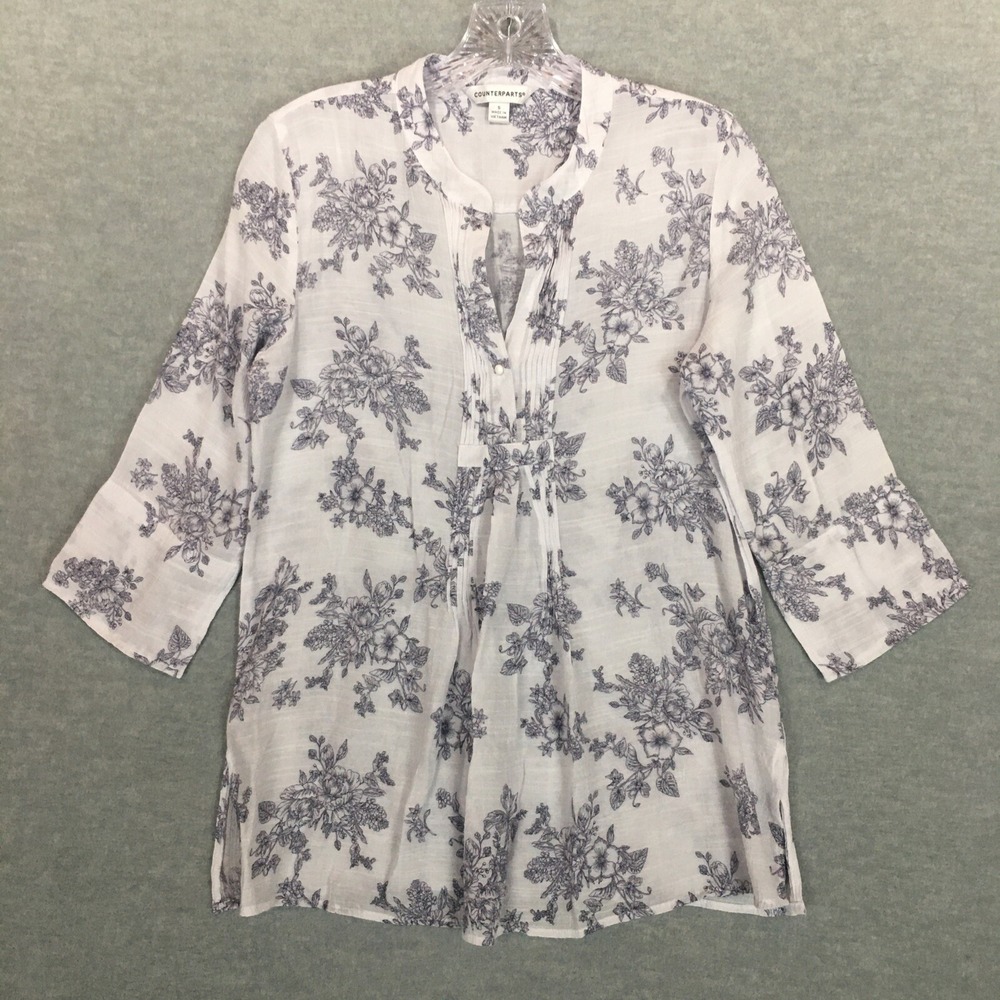 Counterparts Small White Floral V-Neck Peasant Tunic Blouse Pleated Lightweight